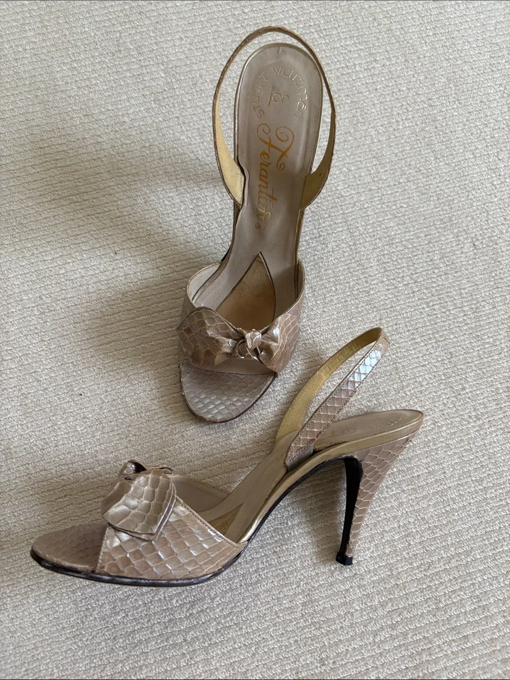 Stuart Weitzman Metallic Taupe Snake-Embossed Slingback Heels